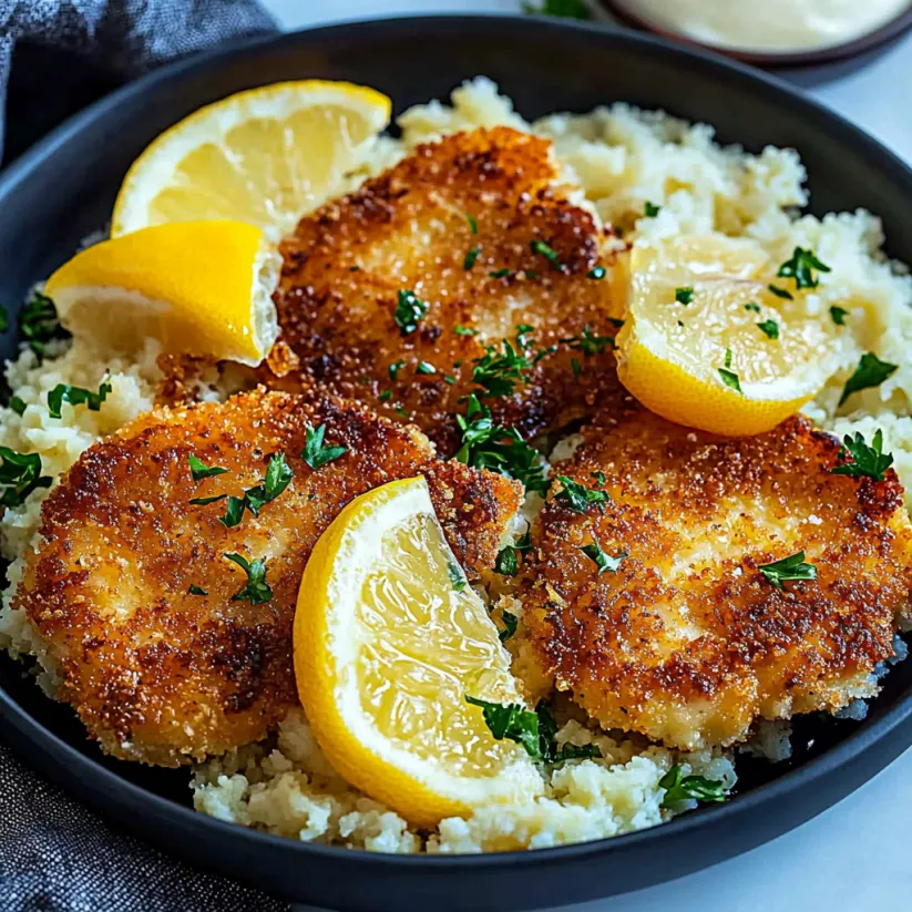 A plate of pork schnitzel with lemon wedges on top.
