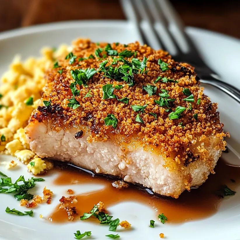 A plate of food with Ritz Cracker Pork Chops.