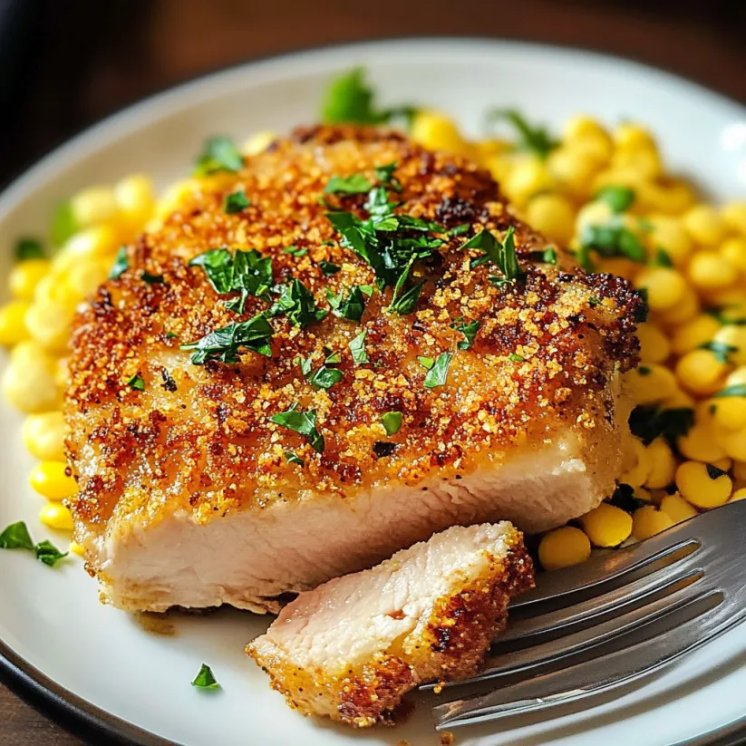A plate of pork chops with herbs on top.