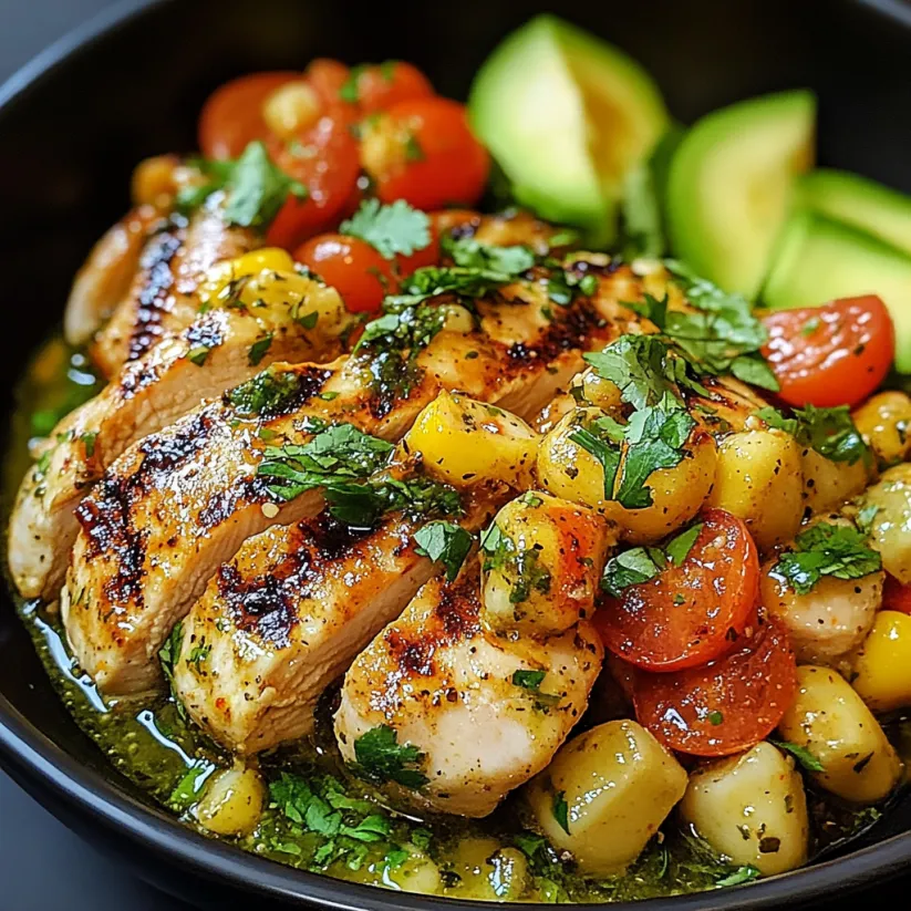 A bowl of grilled salsa verde pepper jack chicken.