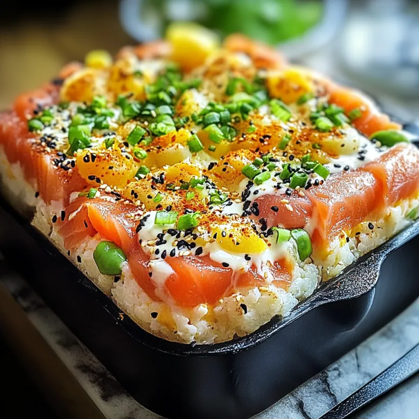 A sushi bake with a variety of vegetables and fish.