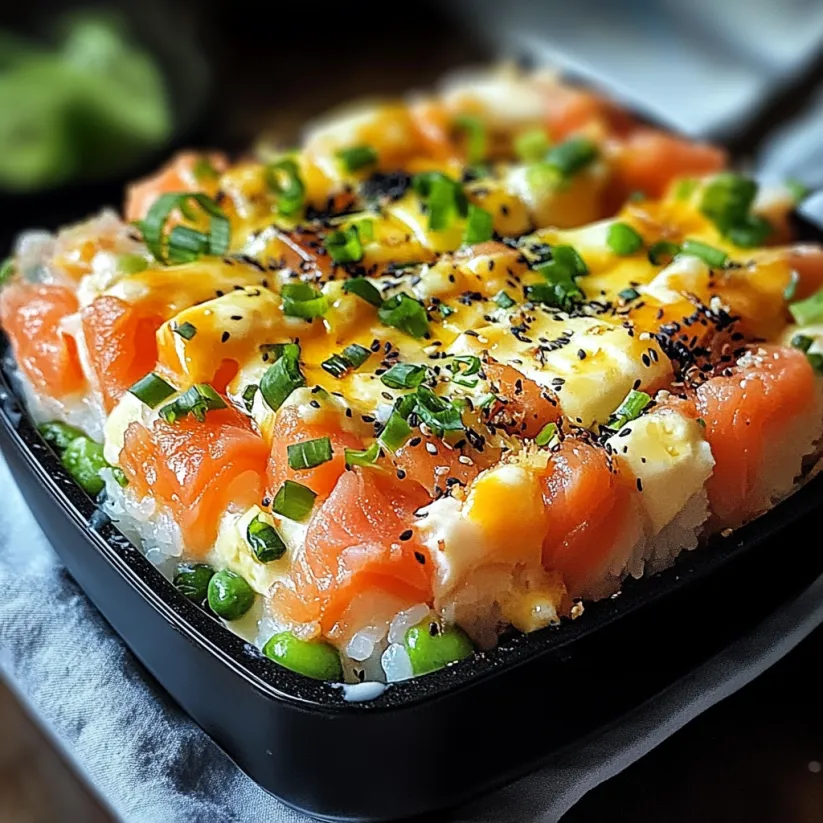 A sushi bake with rice, fish, and vegetables.