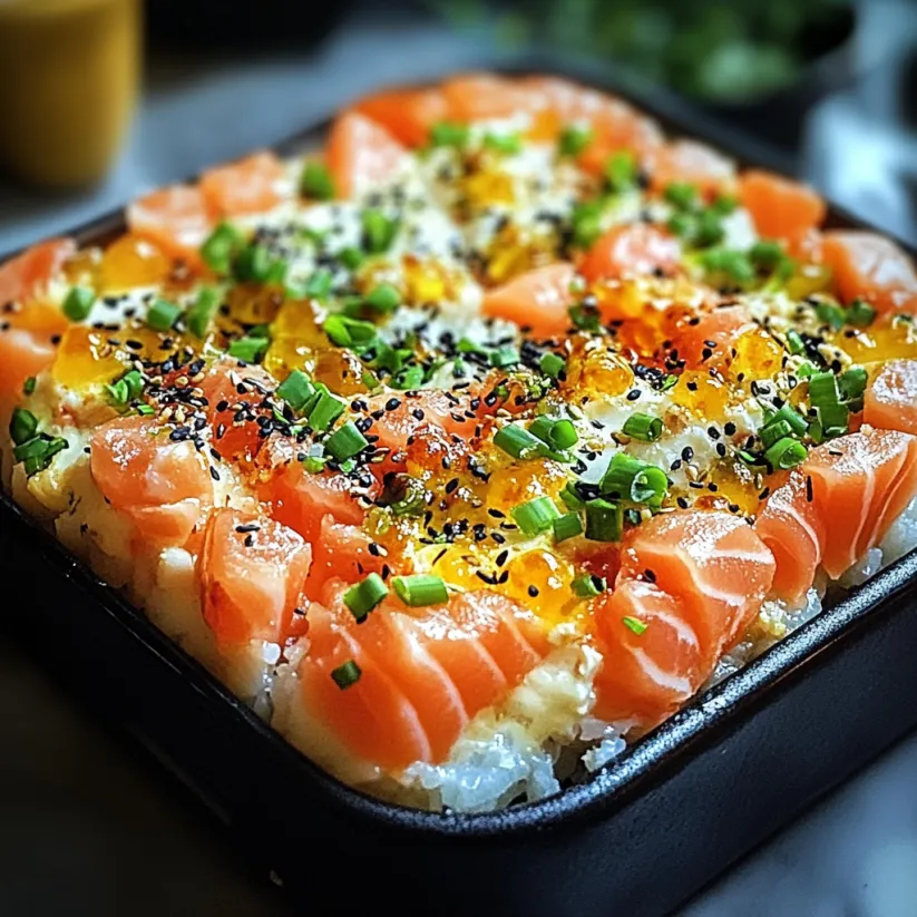 A close up of a sushi bake with various ingredients.