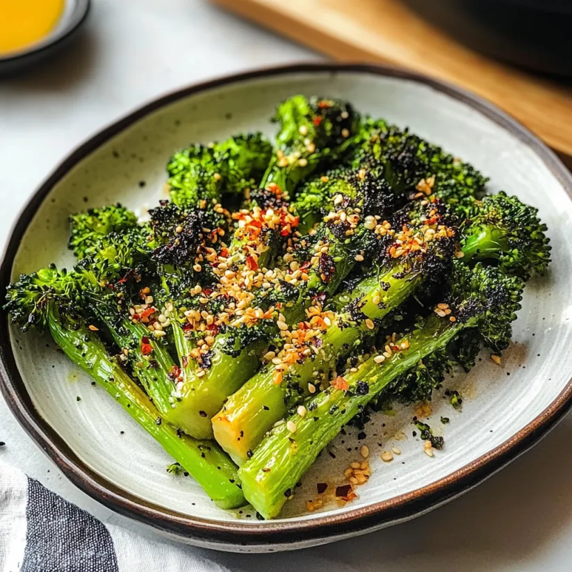 A plate of roasted broccoli with seasoning.