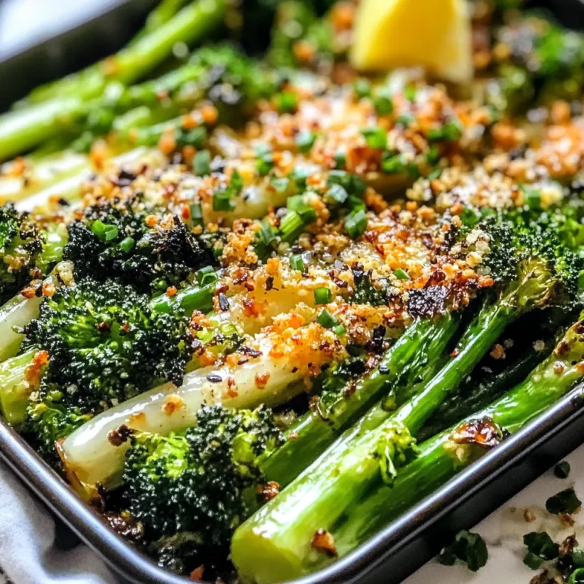 A dish of roasted broccoli with seasonings.