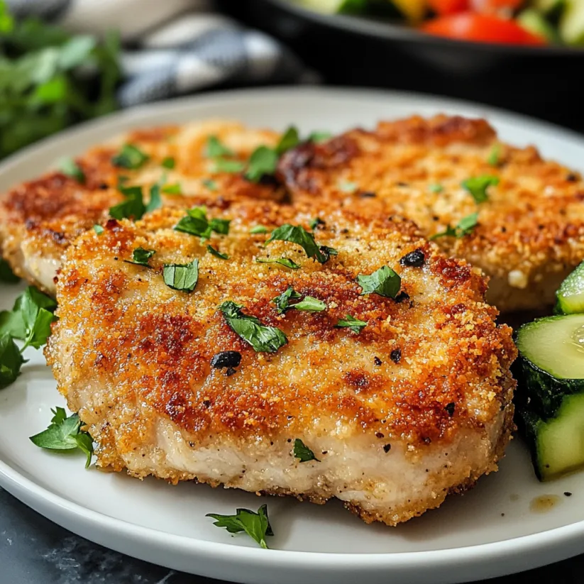 A plate of Parmesan-crusted pork chops.