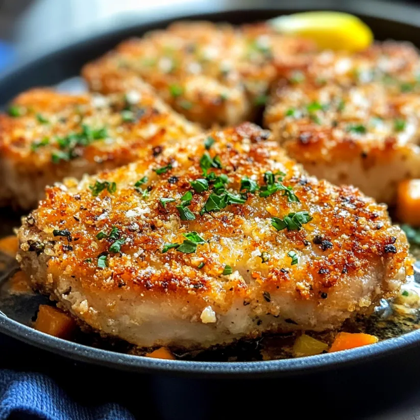 A pan of Parmesan-crusted pork chops.