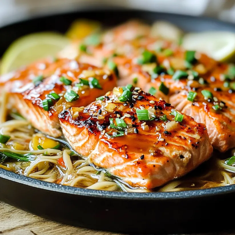 A pan of salmon with green onions and lemon.
