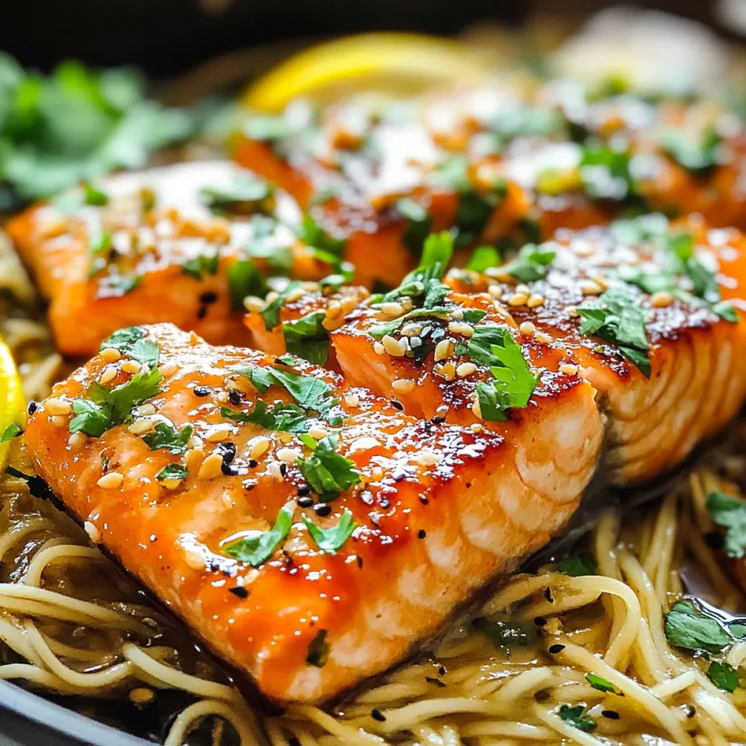 A pan of salmon with a lemon wedge on top.