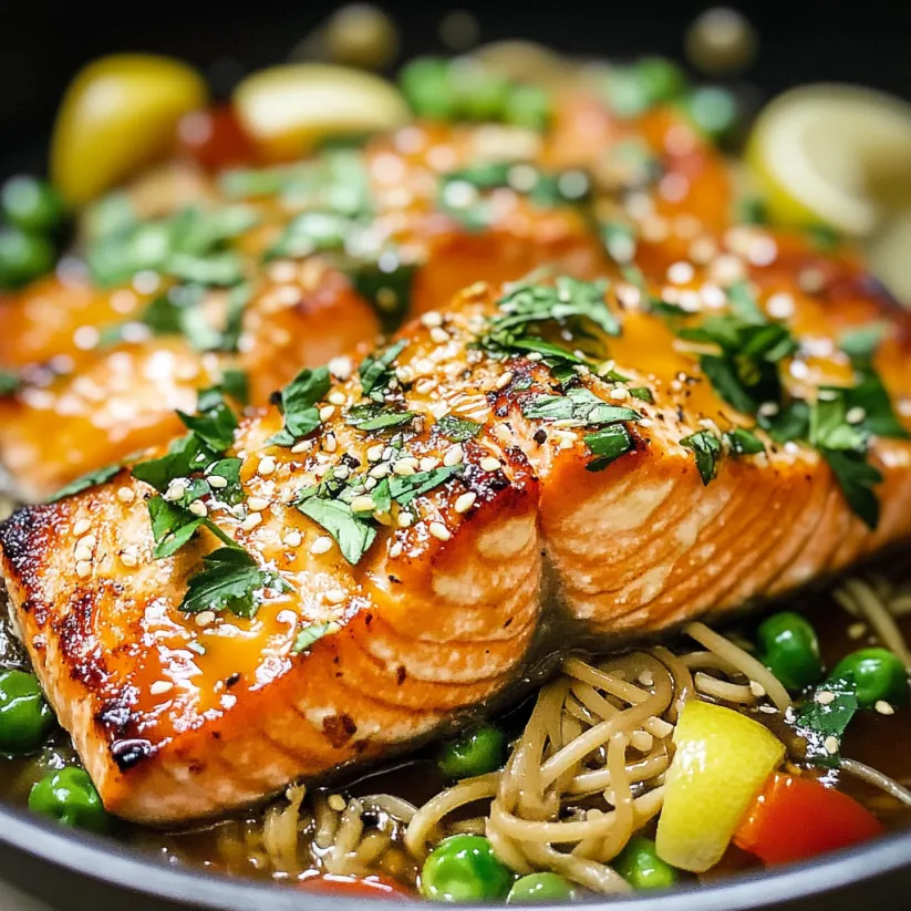 A close up of a piece of salmon with herbs and sauce.