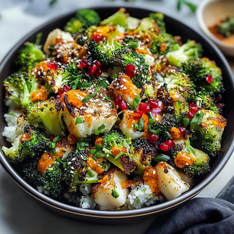 A bowl of broccoli with red peppers and sauce.