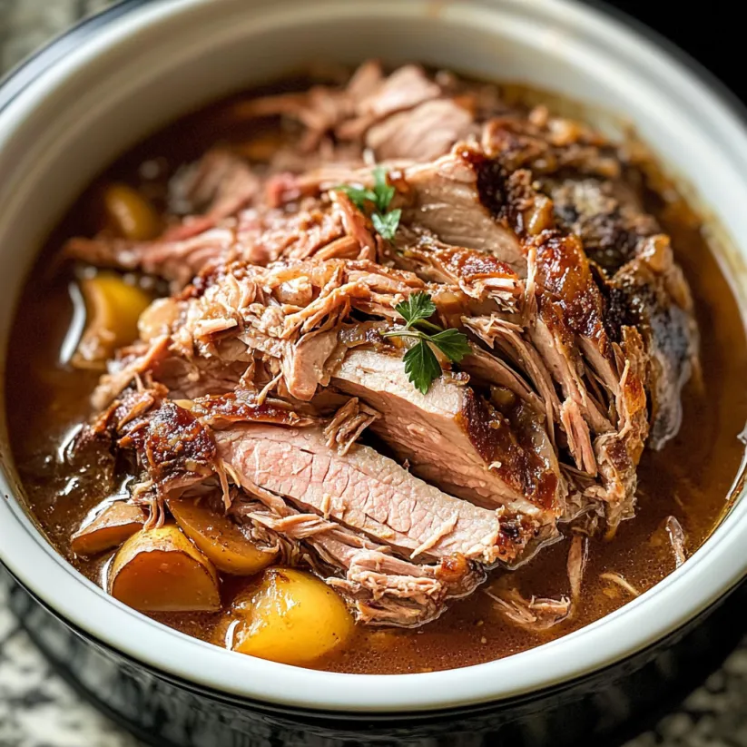 A close up of a slow cooker pork roast.