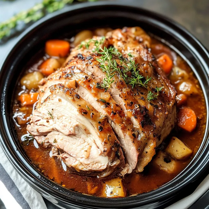 A slow cooker pork roast with carrots and herbs.