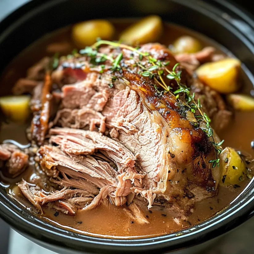 A close up of a slow cooker pork roast.