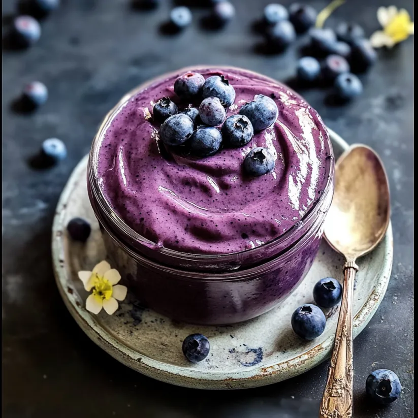 A glass jar of blueberry curd with a spoon in it.