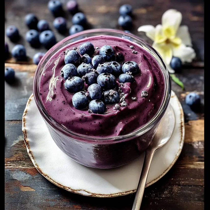 A glass of blueberry curd with blueberries in it.