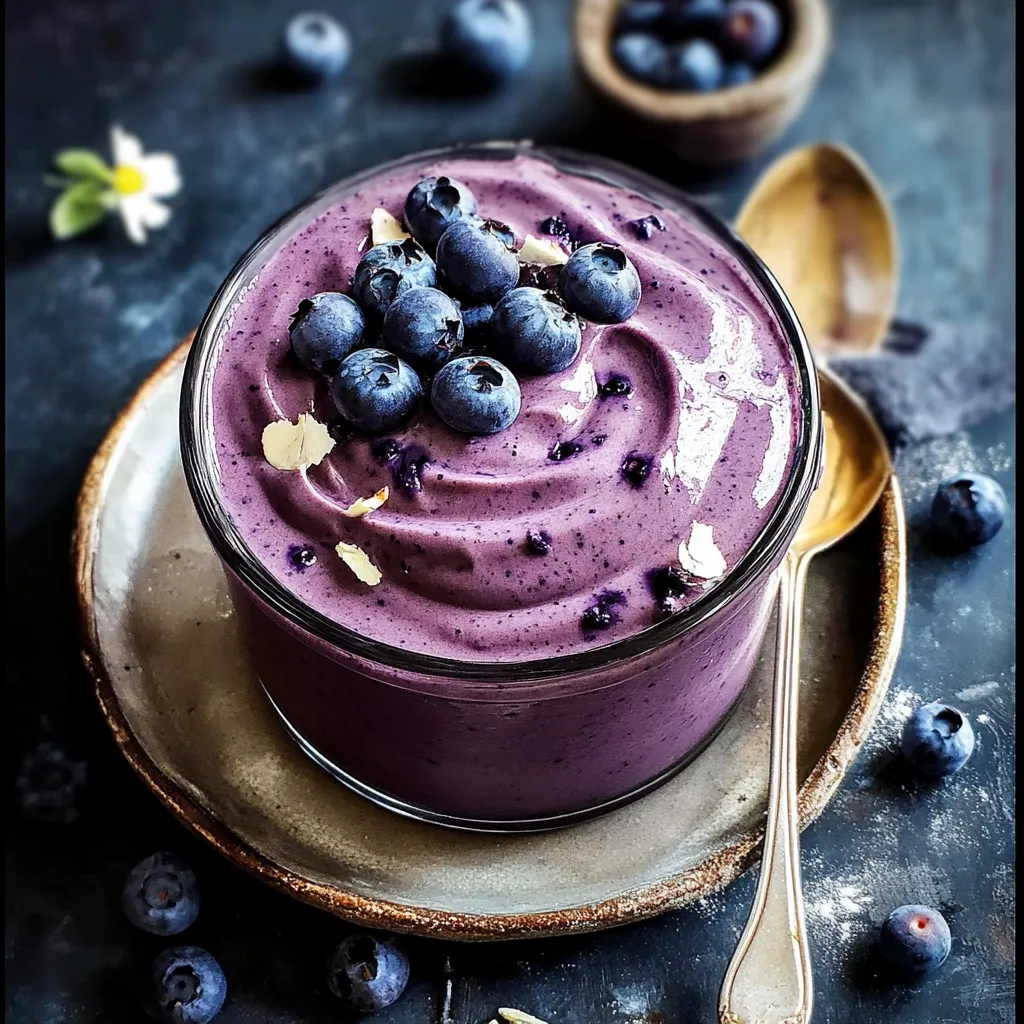 A glass of blueberry curd with a spoon in it.