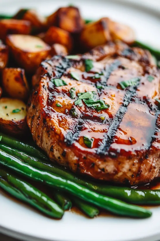 Brown sugar pork chops with green beans.