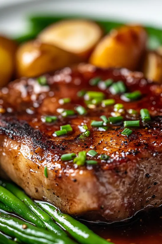 Brown sugar pork chops with green onions.