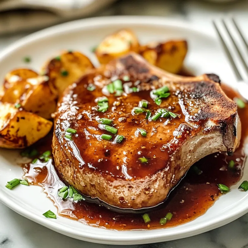 Brown sugar pork chops on a plate.
