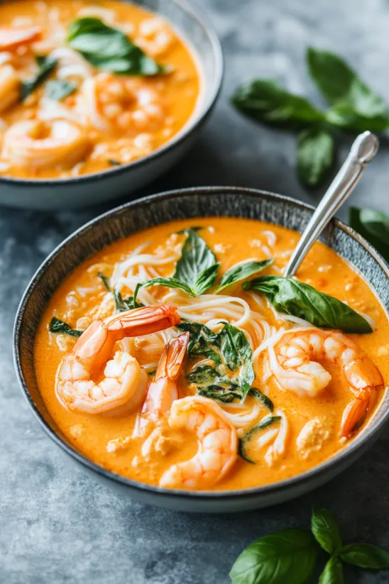 A bowl of soup with shrimp and spinach.