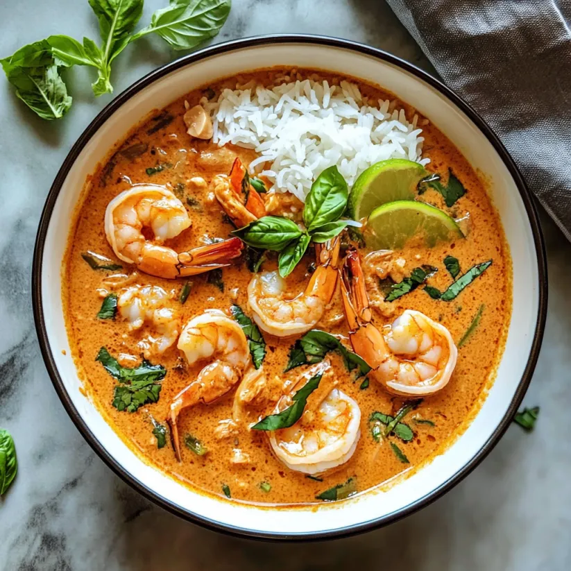 A bowl of shrimp curry with rice and lime.