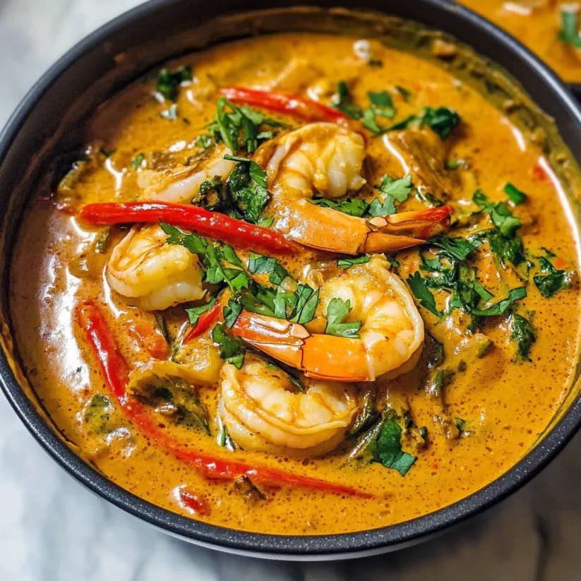 A bowl of shrimp curry with red peppers.