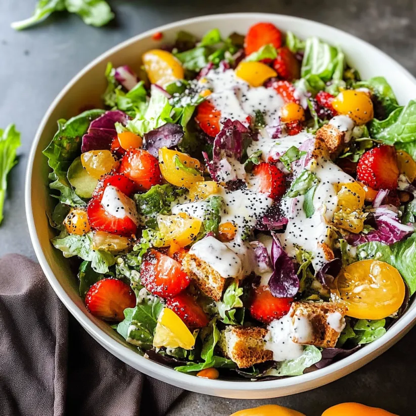 A bowl of salad with a lemon poppy seed dressing.