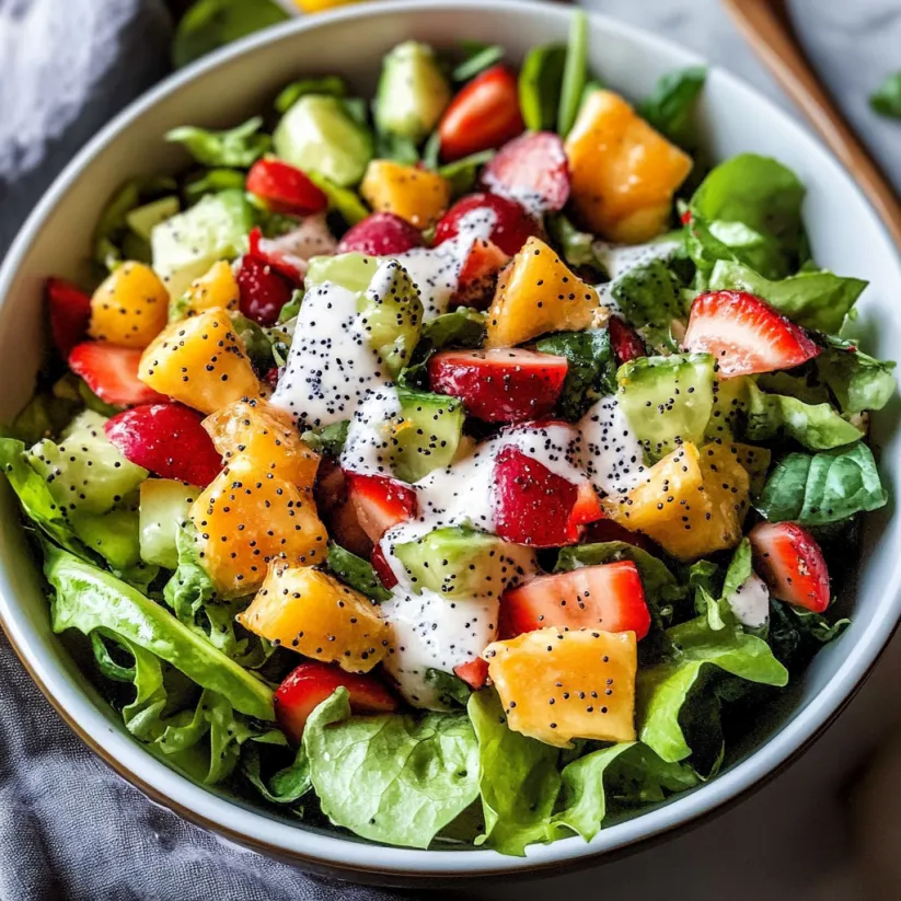A bowl of salad with strawberries, pineapple, and lemon poppy seed dressing.