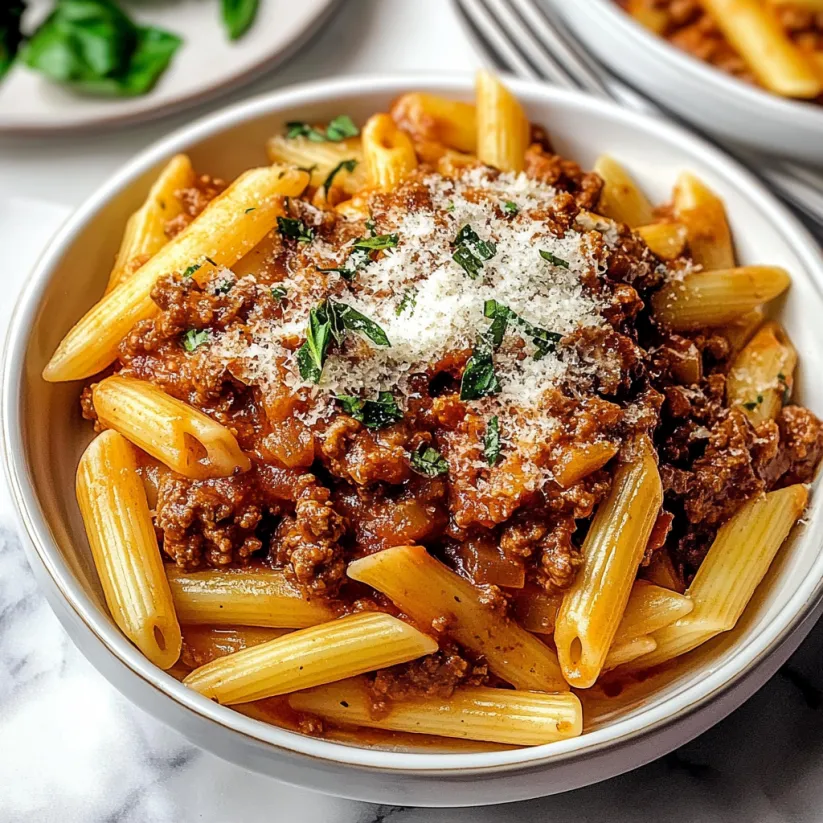 A bowl of pasta with meat sauce.