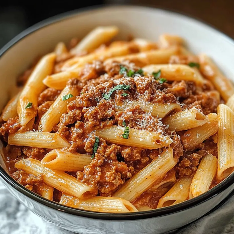 A bowl of pasta with meat sauce.