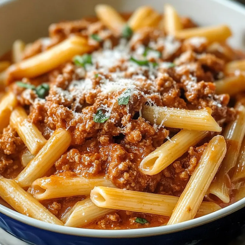 A bowl of pasta with meat sauce.