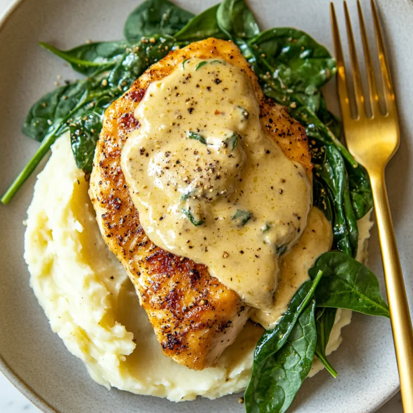 A piece of chicken with a creamy sauce on top.