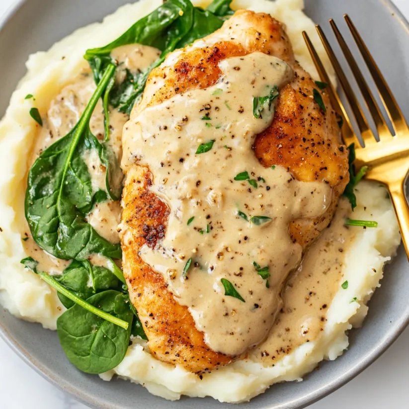 A plate of food with a fork and knife.
