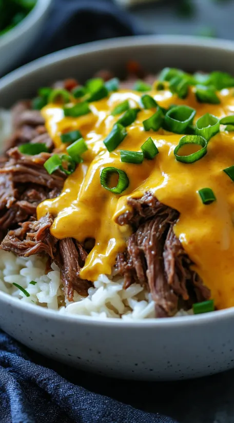 A bowl of beef with cheese and rice.