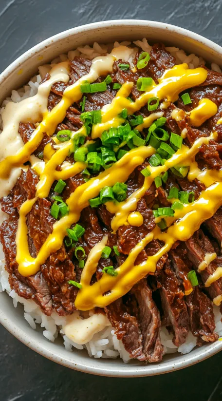 A close up of a beef and cheese bowl.