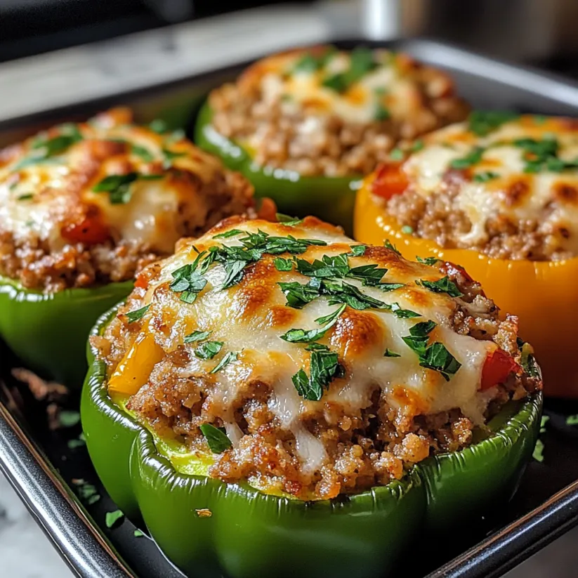 A pan of stuffed bell peppers.