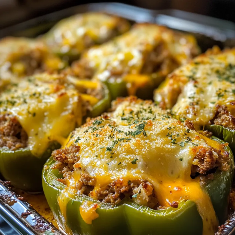 A pan of stuffed bell peppers.