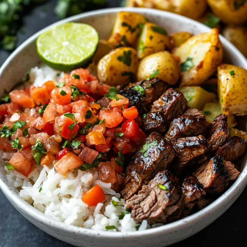 A bowl of food with rice, meat, potatoes, and lime.