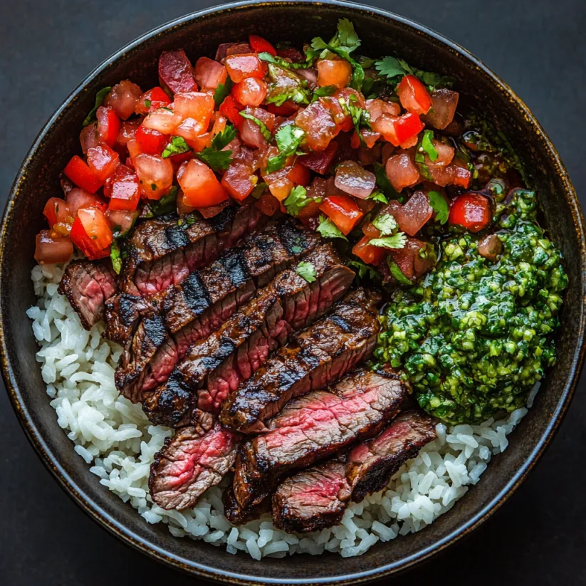 A bowl of food with rice, meat, and vegetables.