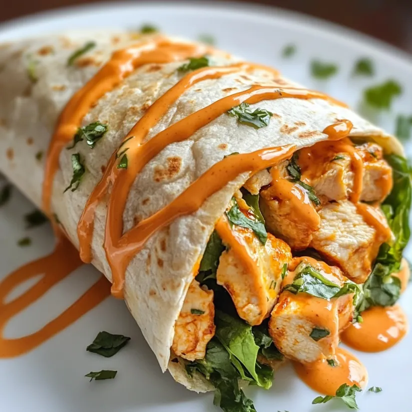 A buffalo chicken wrap with sauce and lettuce.