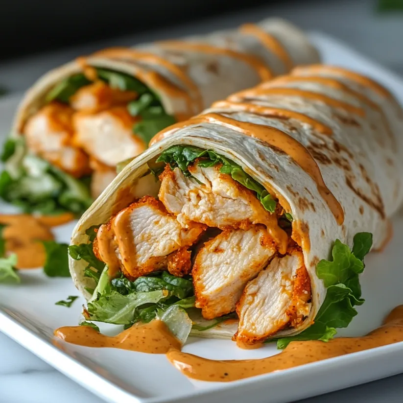 A buffalo chicken wrap is displayed on a plate.