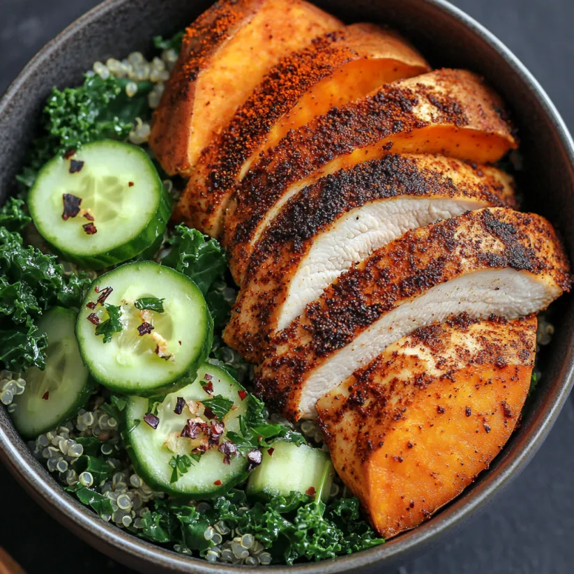A bowl of food with chicken and sweet potatoes.