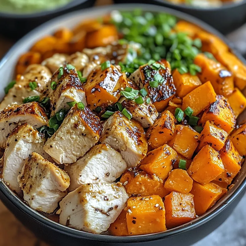A bowl of food with chicken and sweet potatoes.