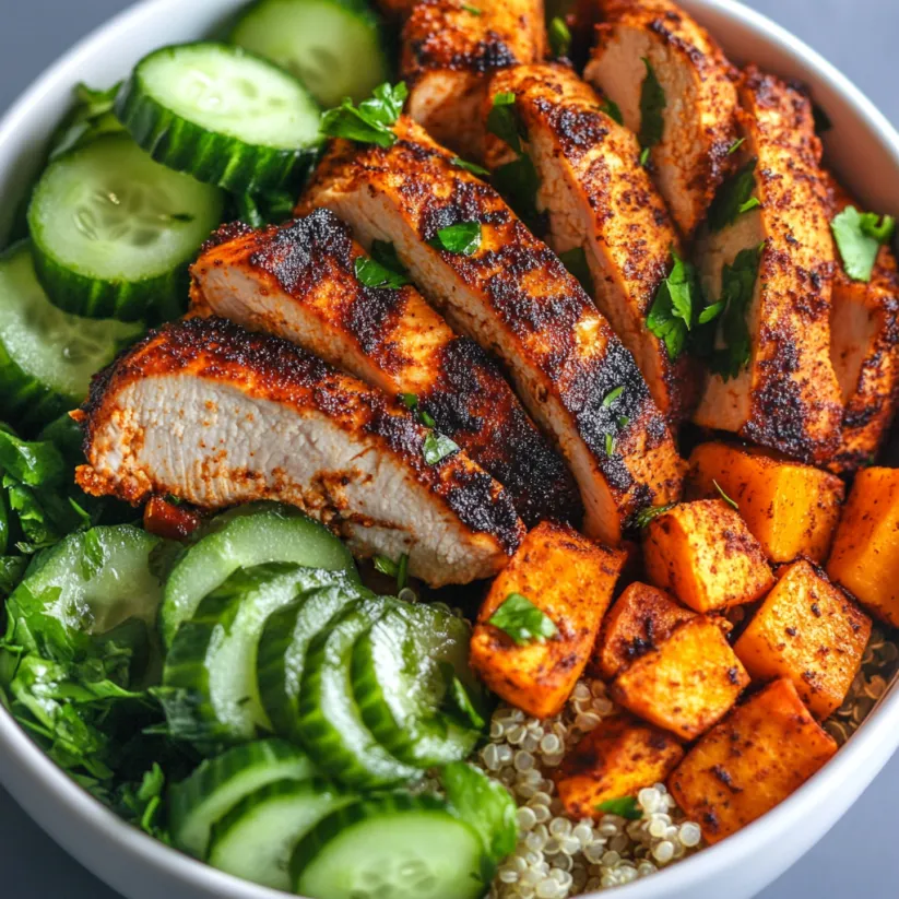 A bowl of chicken and sweet potatoes.
