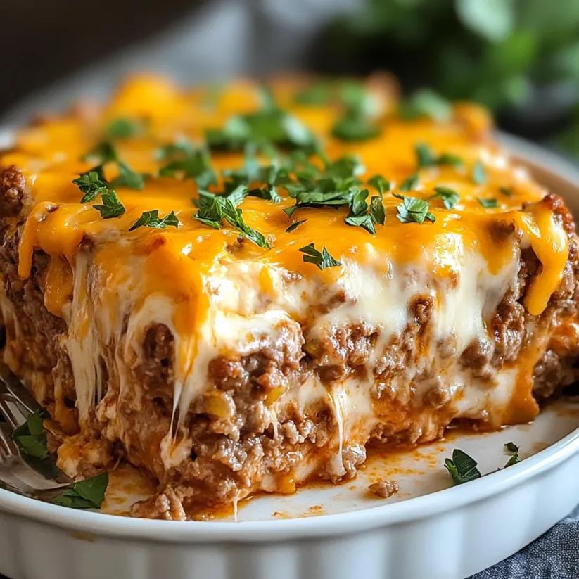 A cheesy loaded meatloaf casserole is ready to be eaten.