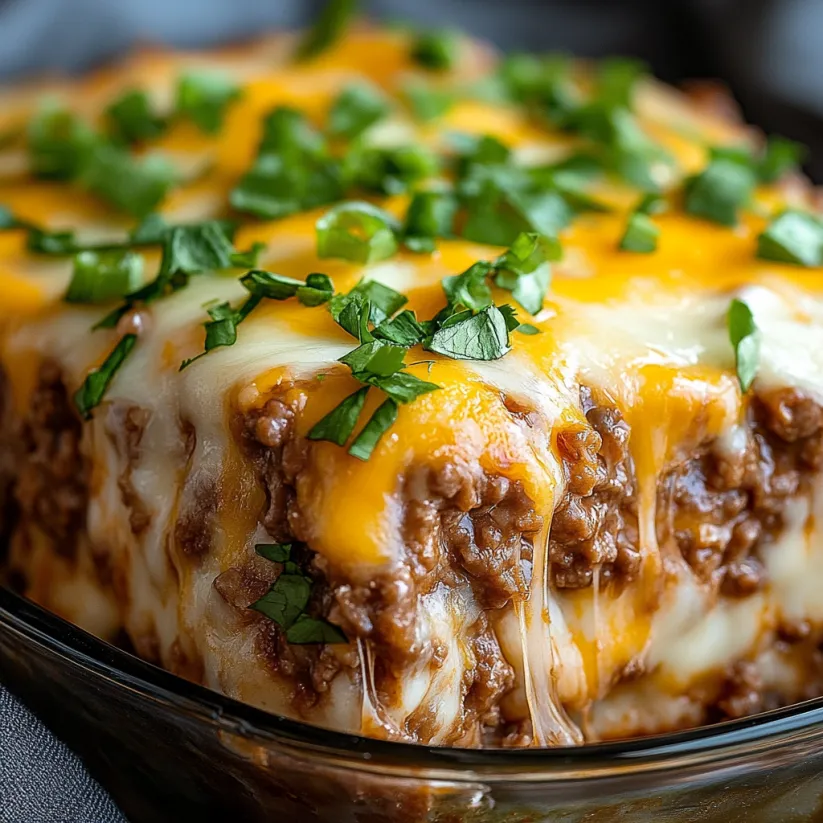A close up of a cheesy meatloaf casserole.