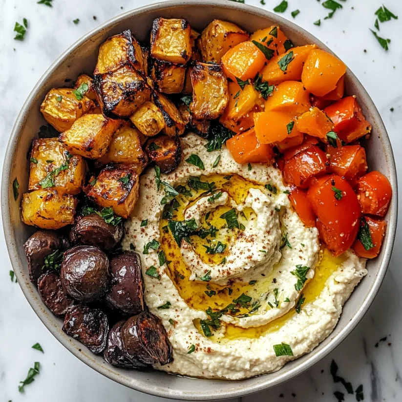 A bowl of roasted vegetables and hummus.