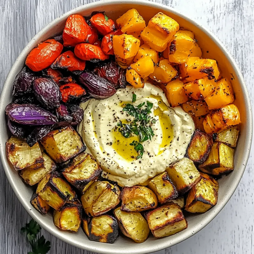 A bowl of roasted vegetables and hummus.