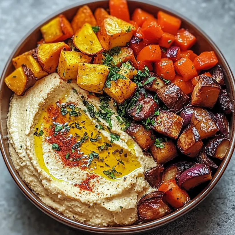 A bowl of roasted vegetables and hummus.